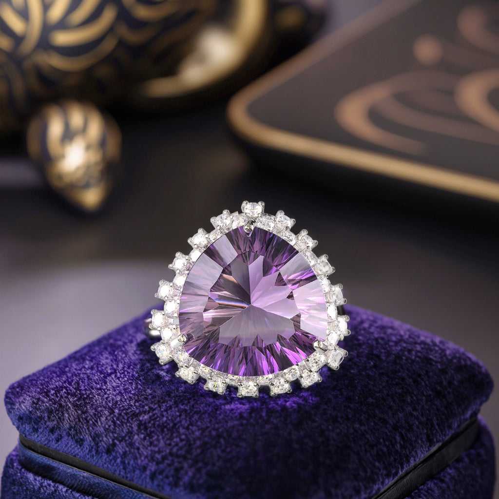 Dazzling Rhodium Plated 925 Joias De Prata Natural Amethyst Gemstone Ring