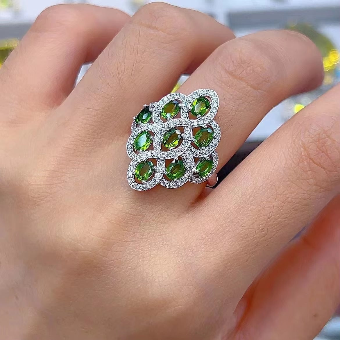 Sparkling Rhodium Plated Silver 925 Jewelry Natural Diopside Ring