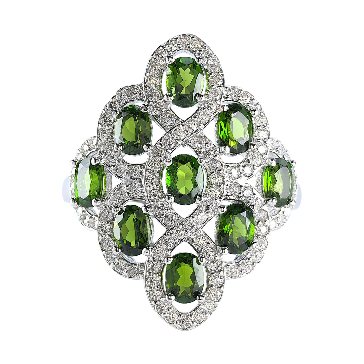 Sparkling Rhodium Plated Silver 925 Jewelry Natural Diopside Ring