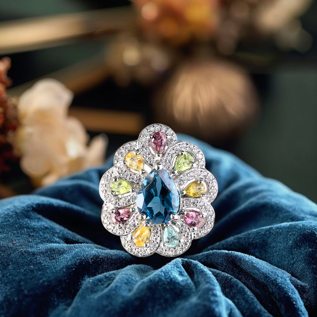 Rhodium Plated 925 Sterling Silver Natural London Blue Topaz Flower Ring