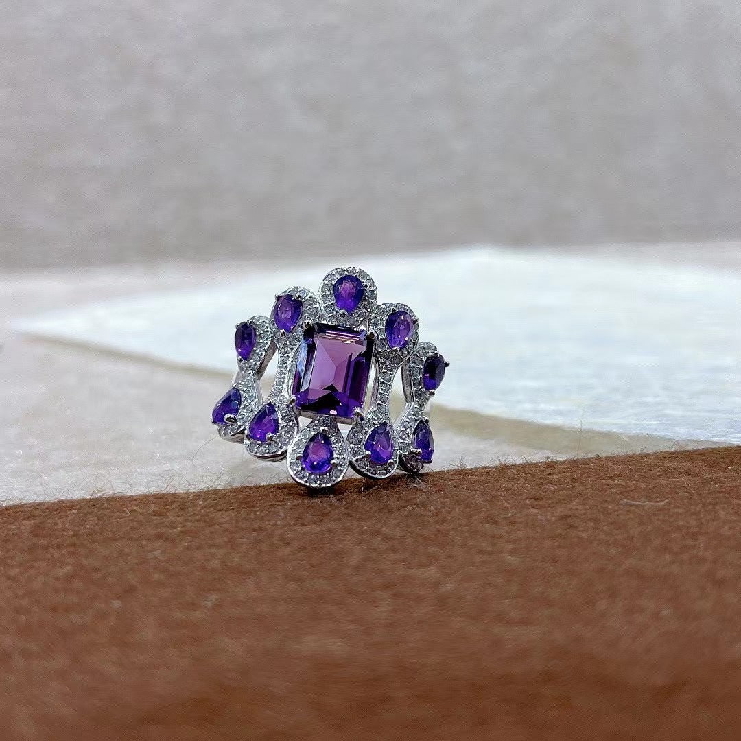 Handcrafted Rhodium Plated 925 Sterling Silver Natural Amethyst Ring