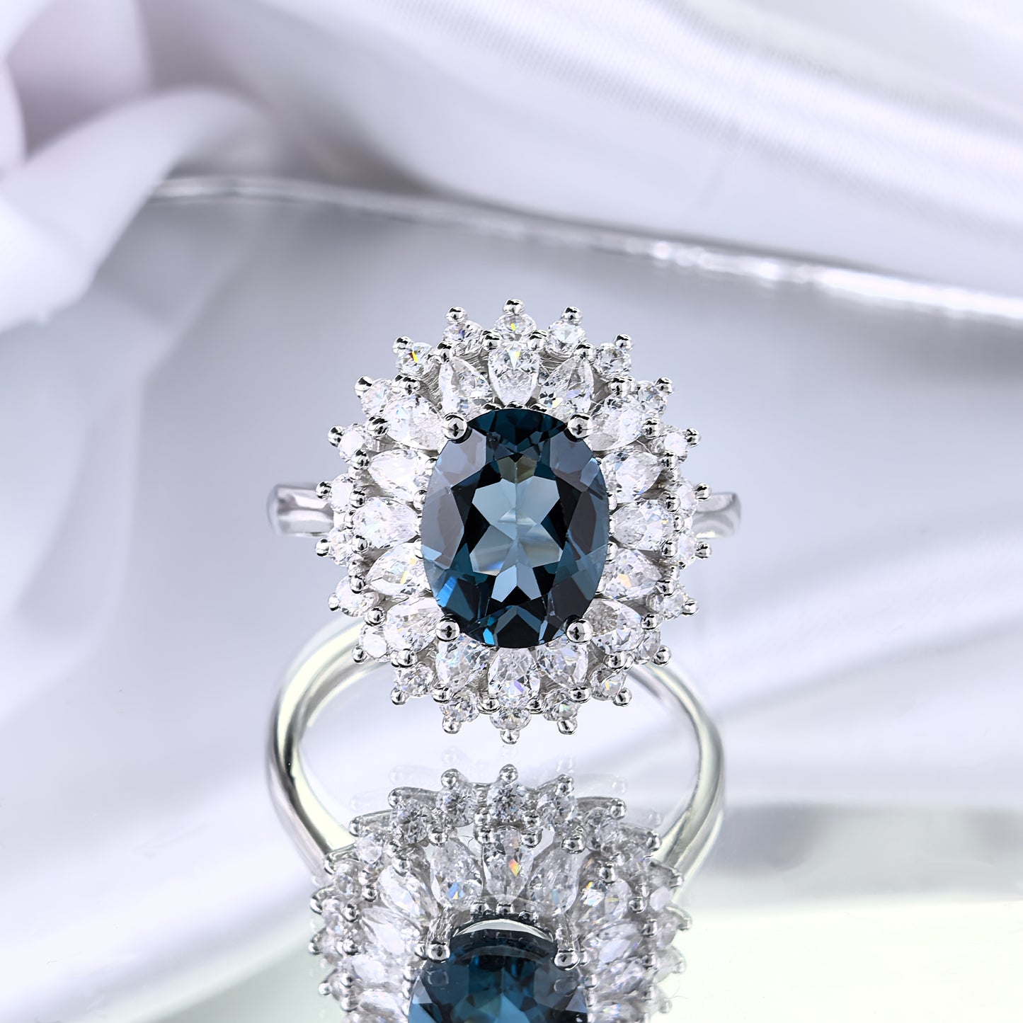 Sparkling Rhodium Plated Sterling Silver 925 Jewellery Natural London Blue Topaz Ring