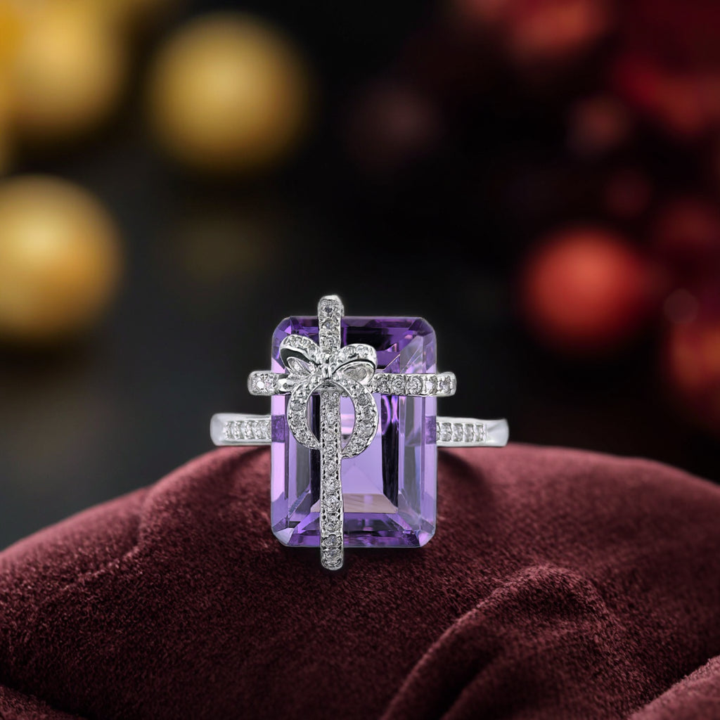 Romantic Rhodium Plated 925 Sterling Silver Natural Amethyst Bow Ring