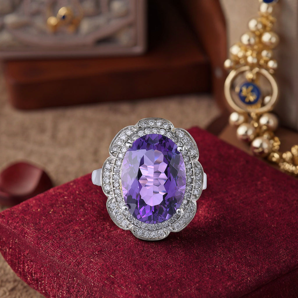 Noble 925 Sterling Silver Ring Rhodium Plated Oval Cut Natural Amethyst Ring