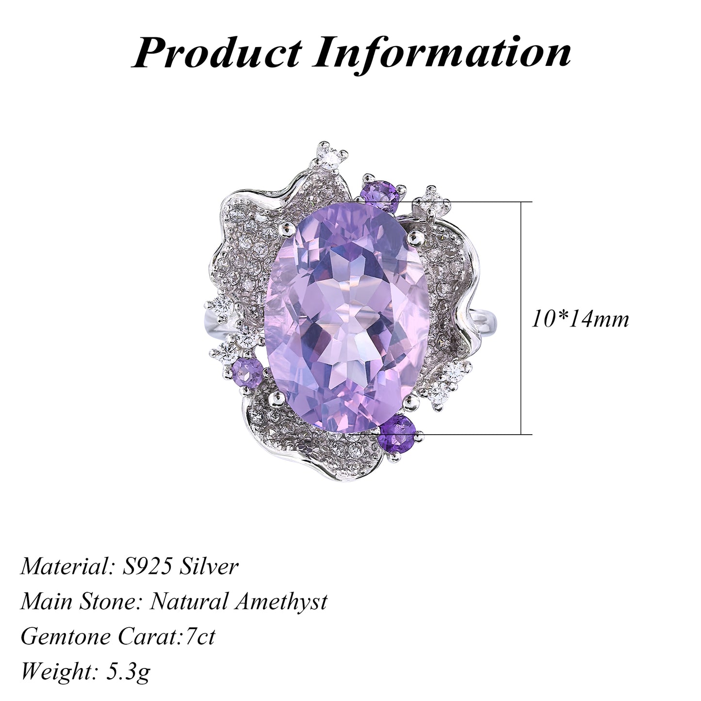 Elegant Rhodium Plated 925 Silver Jewelry Natural Amethyst Ring