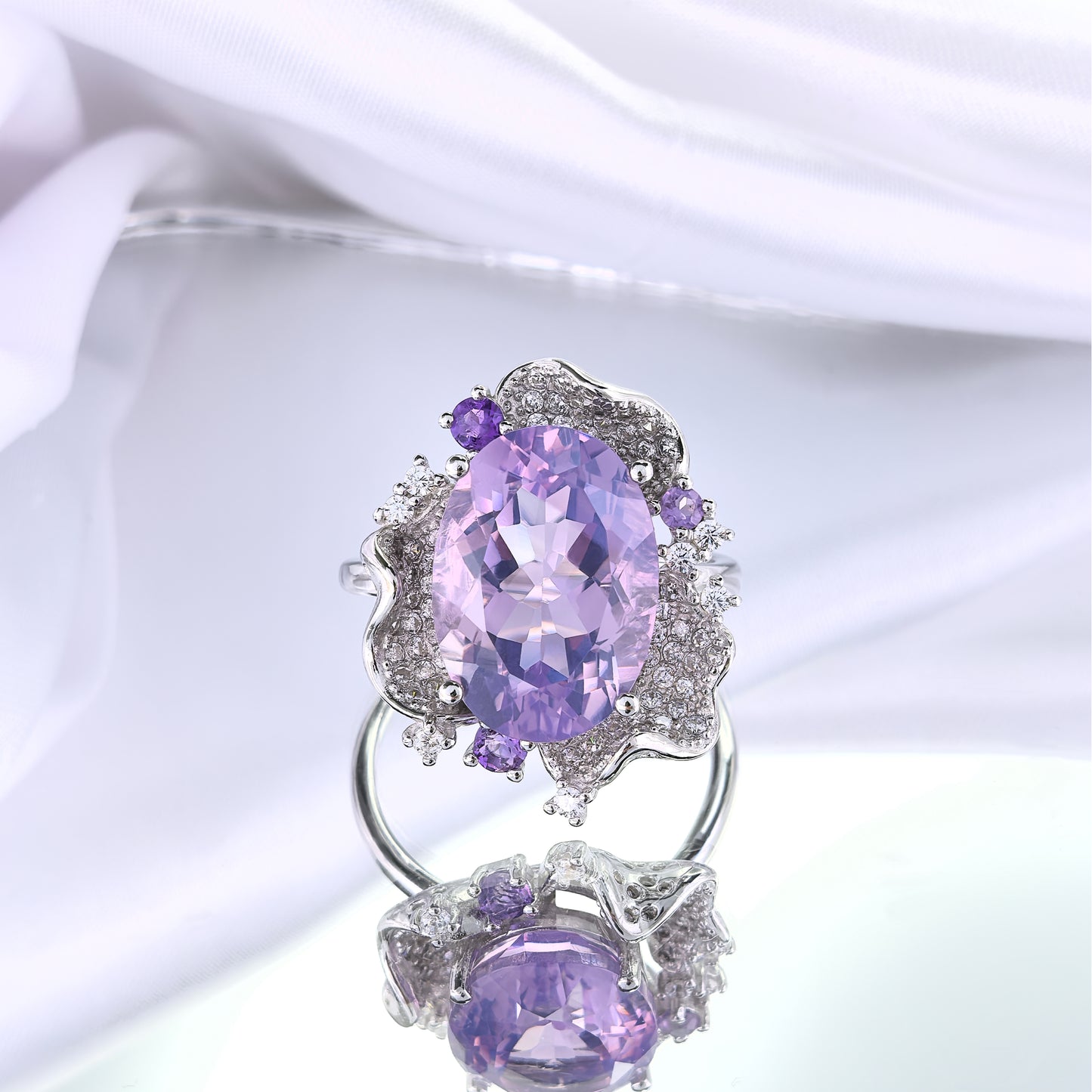 Elegant Rhodium Plated 925 Silver Jewelry Natural Amethyst Ring
