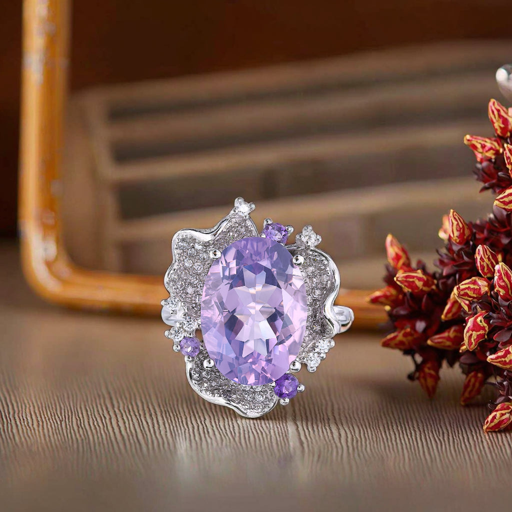 Elegant Rhodium Plated 925 Silver Jewelry Natural Amethyst Ring