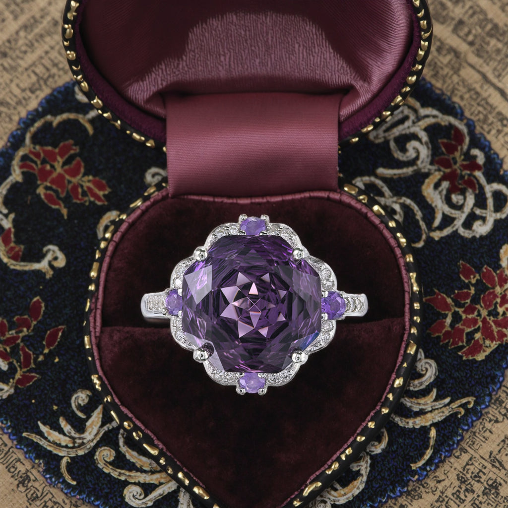 Noble Rhodium Plated Silver 925 Natural Amethyst Ring