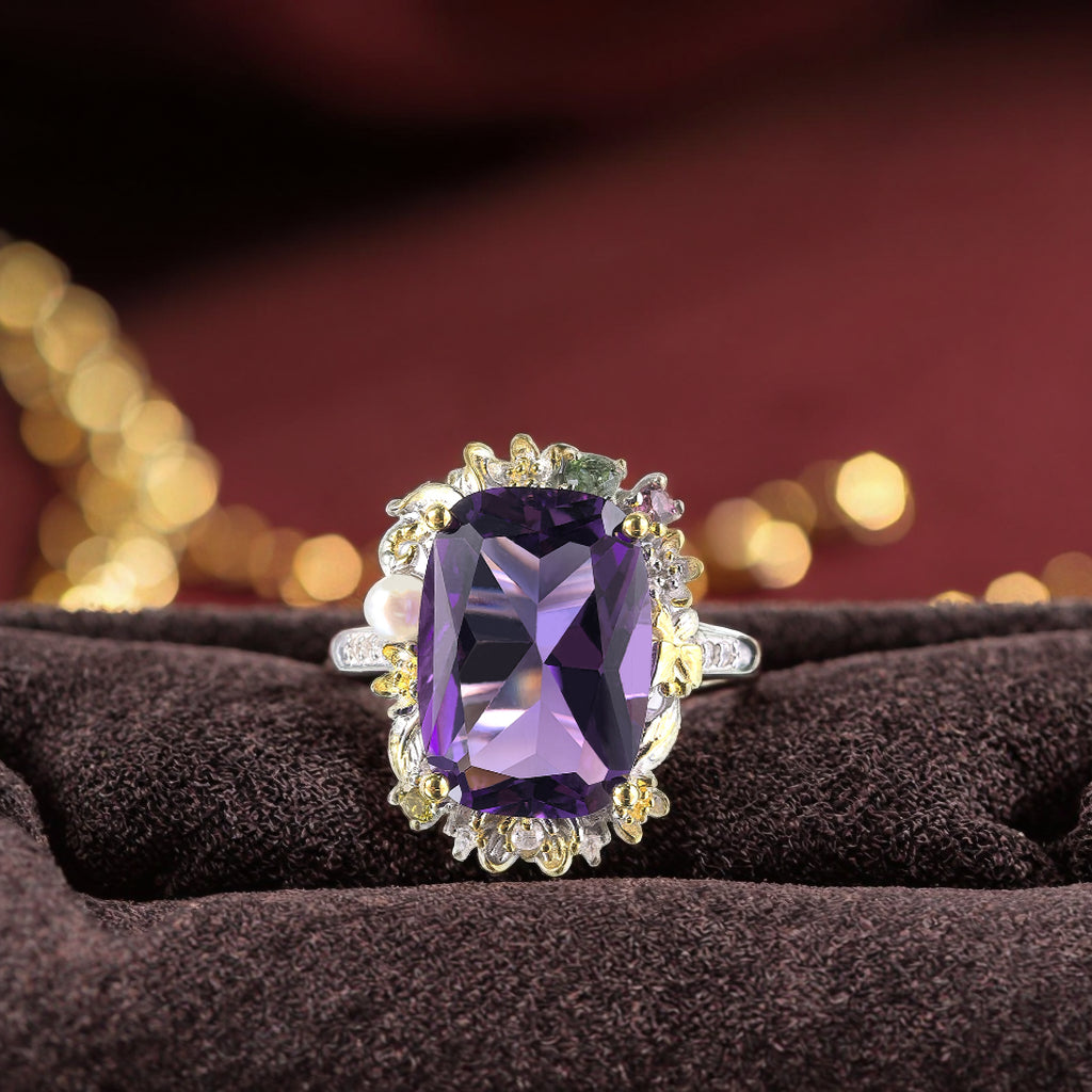 Gorgeous Rhodium Plated 925 Silver Jewelry Natural Amethyst Flower Ring