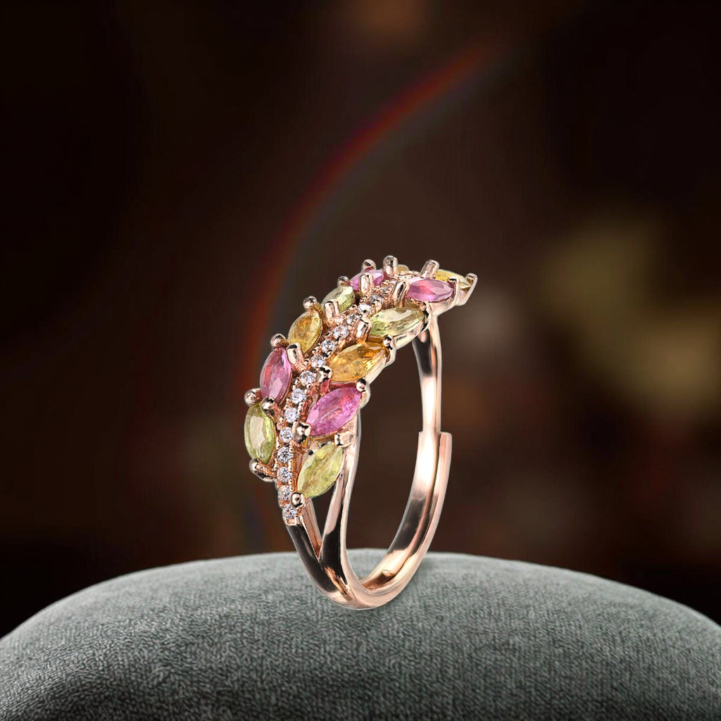 Exquisite 925 Sterling Silver Rose Gold Plated Natural Tourmaline Leaves Ring