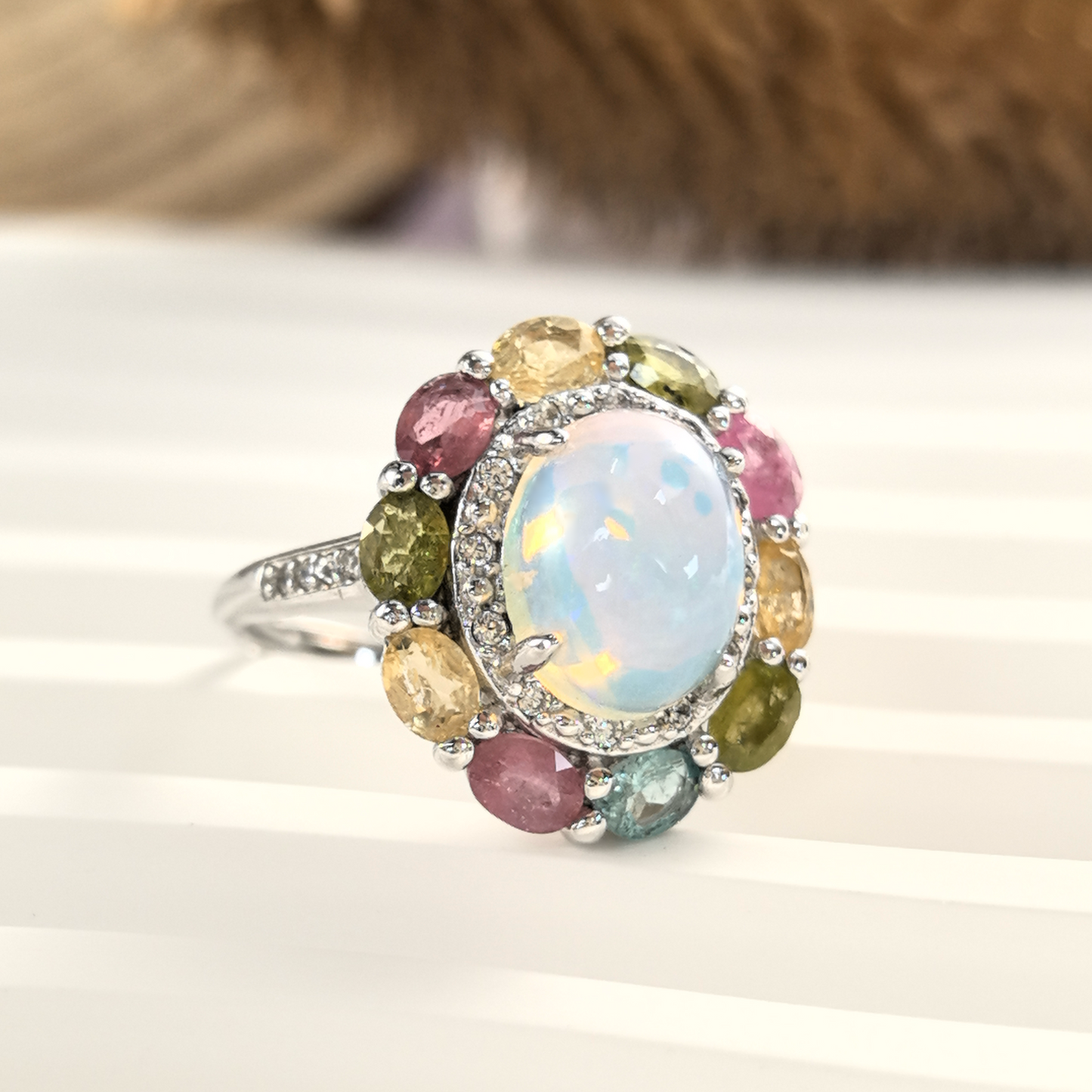 Wholesale Rhodium Plated 925 Sterling Silver Natural Opal White Gemstone Ring