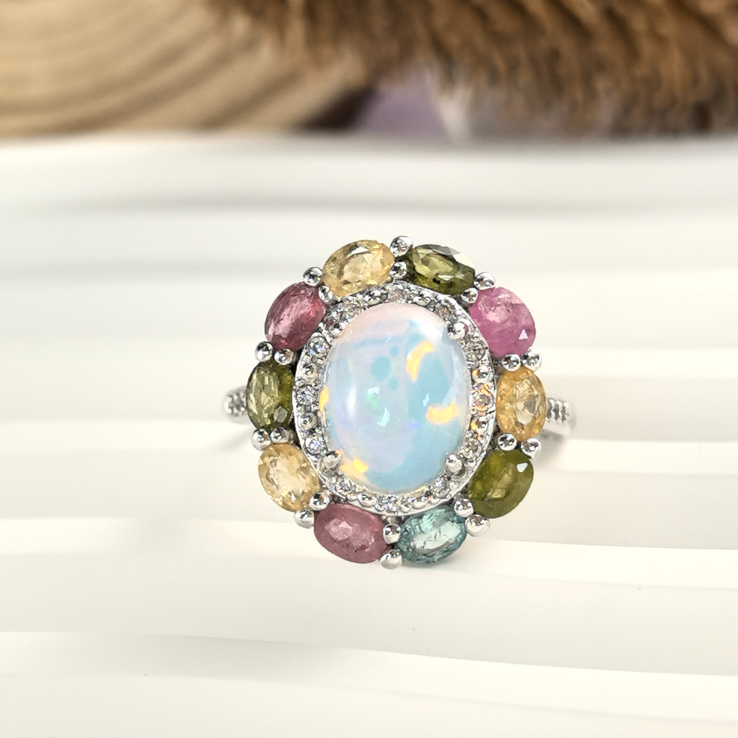 Wholesale Rhodium Plated 925 Sterling Silver Natural Opal White Gemstone Ring