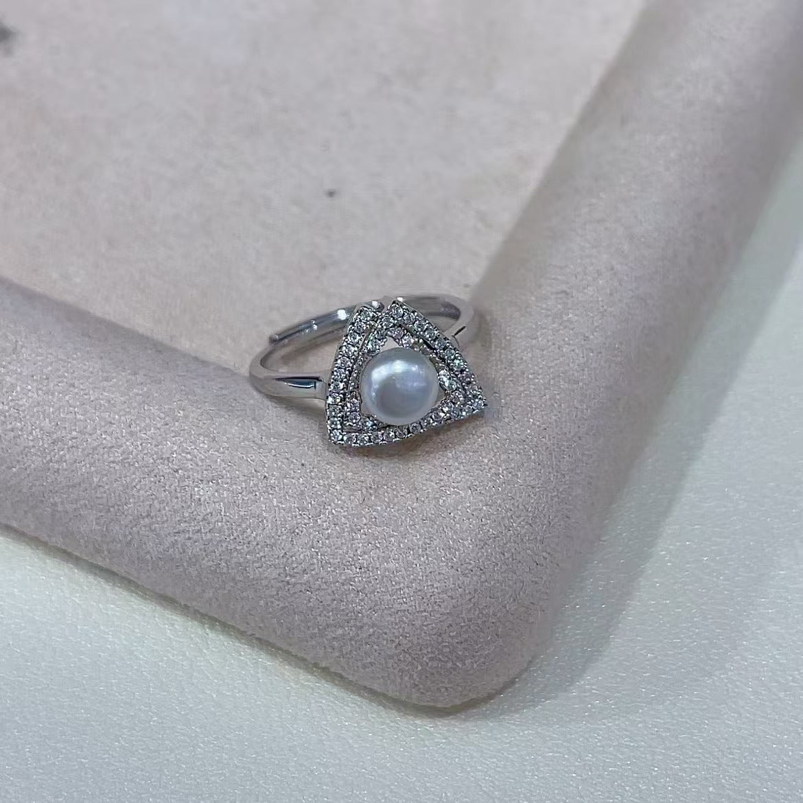 Rhodium Plated 925 Sterling Silver Freshwater Pearl Triangle Ring