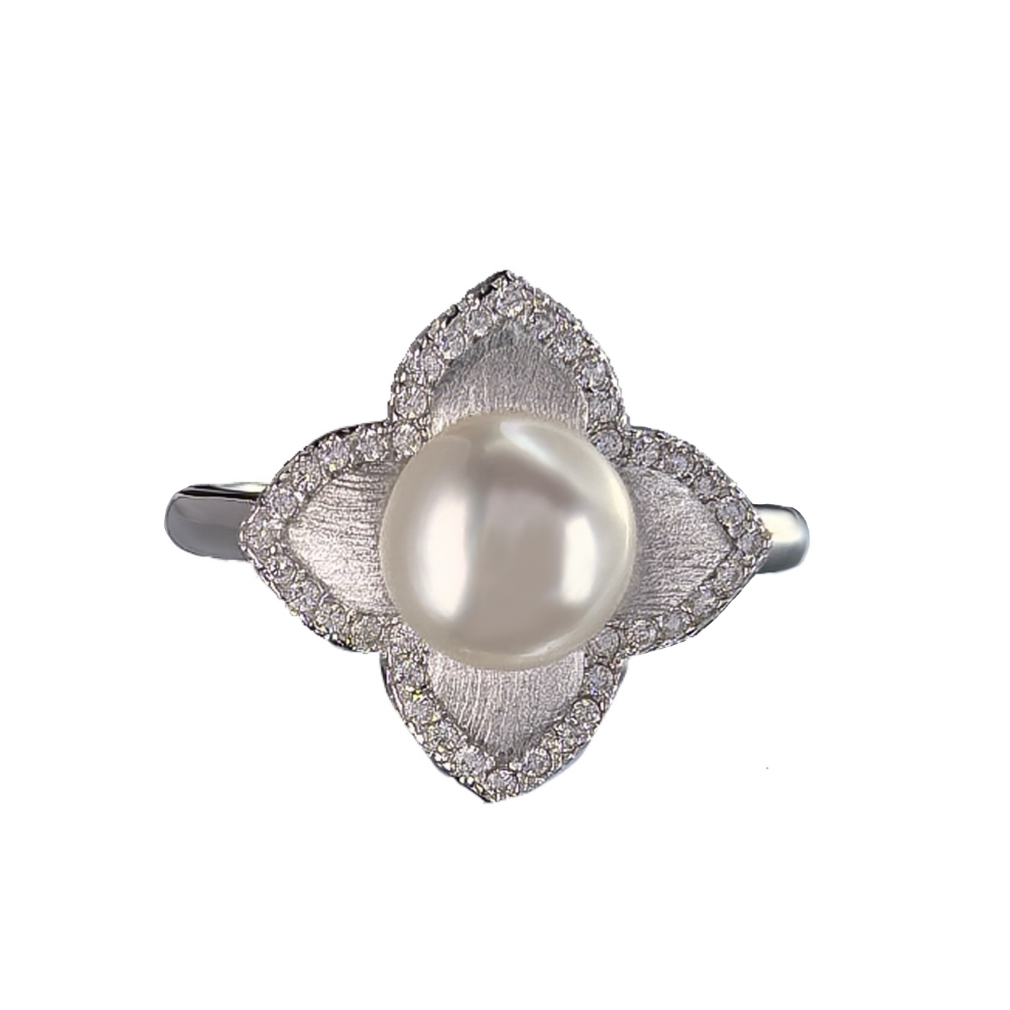 Delicate Rhodium Plated 925 Sterling Silver Four Leaf Clover Design Freshwater Pearl Ring