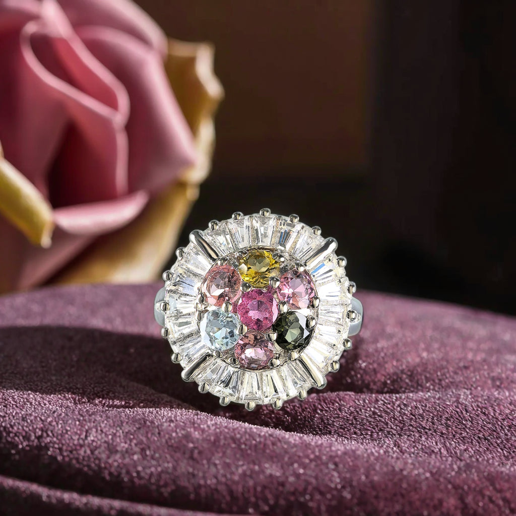 Fashionable Rhodium Plated Plata 925 Natural Tourmaline Ring