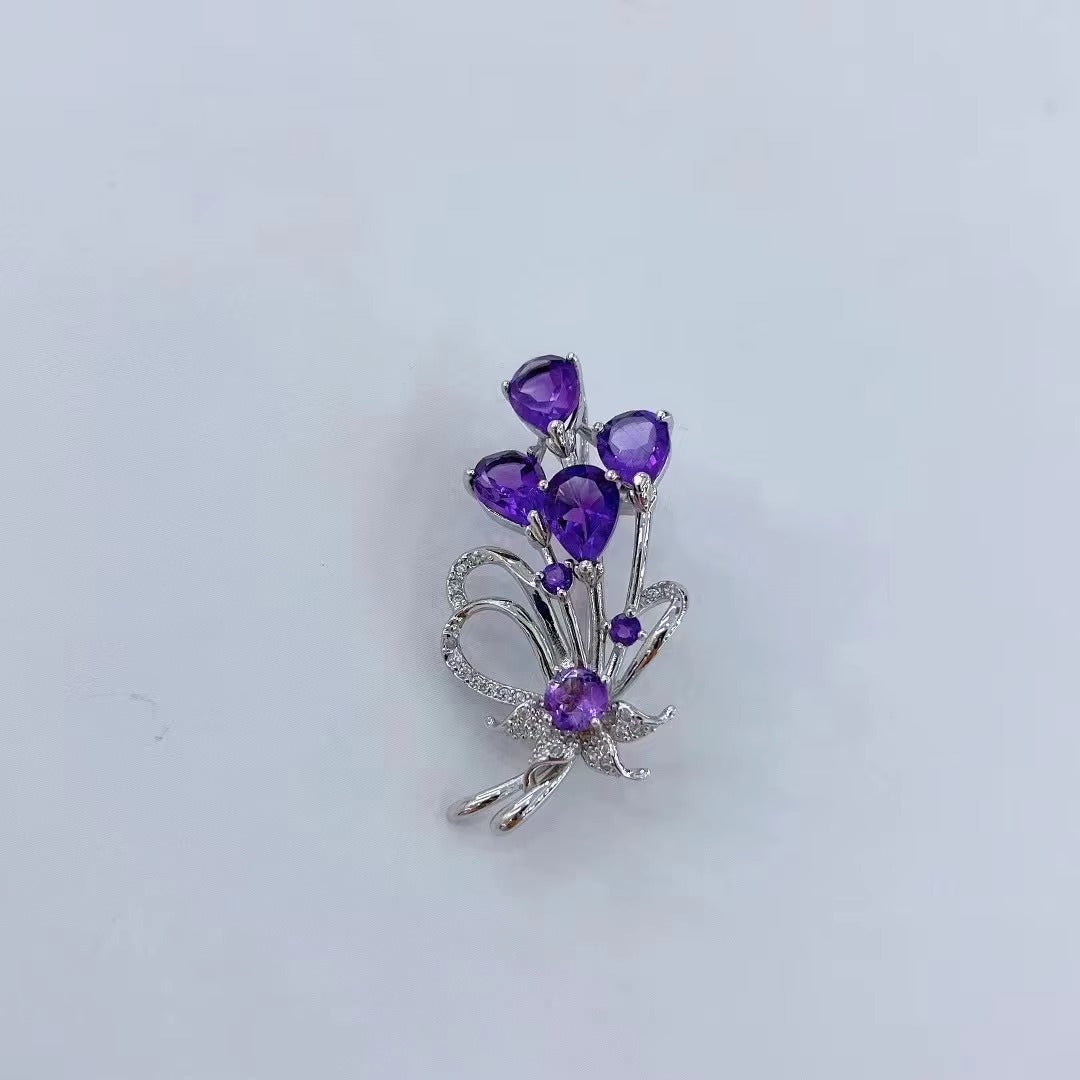 Delicate Rhodium Plated 925 Silver Natural Amethyst Butterfly Brooch