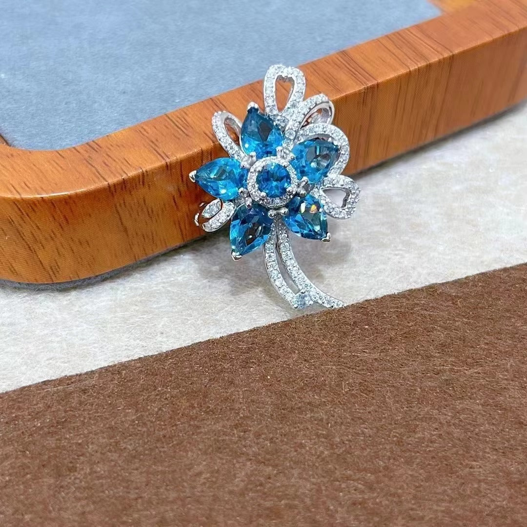 Elegant Rhodium Plated 925 Silver Jewelry Natural London Blue Topaz Flower Brooch