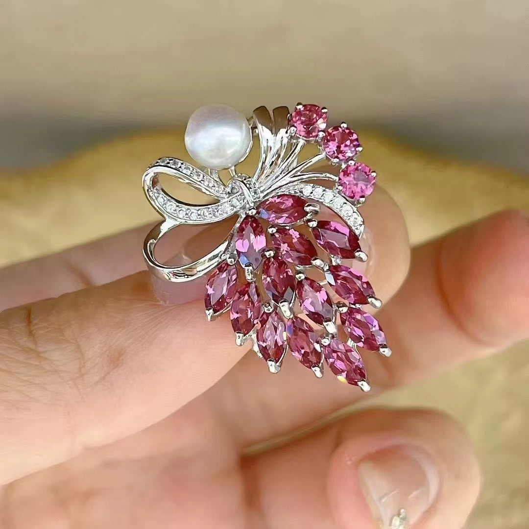 Graceful 925 Silver Jewelry Rhodium Plated Natural Pyrope Bow Brooch