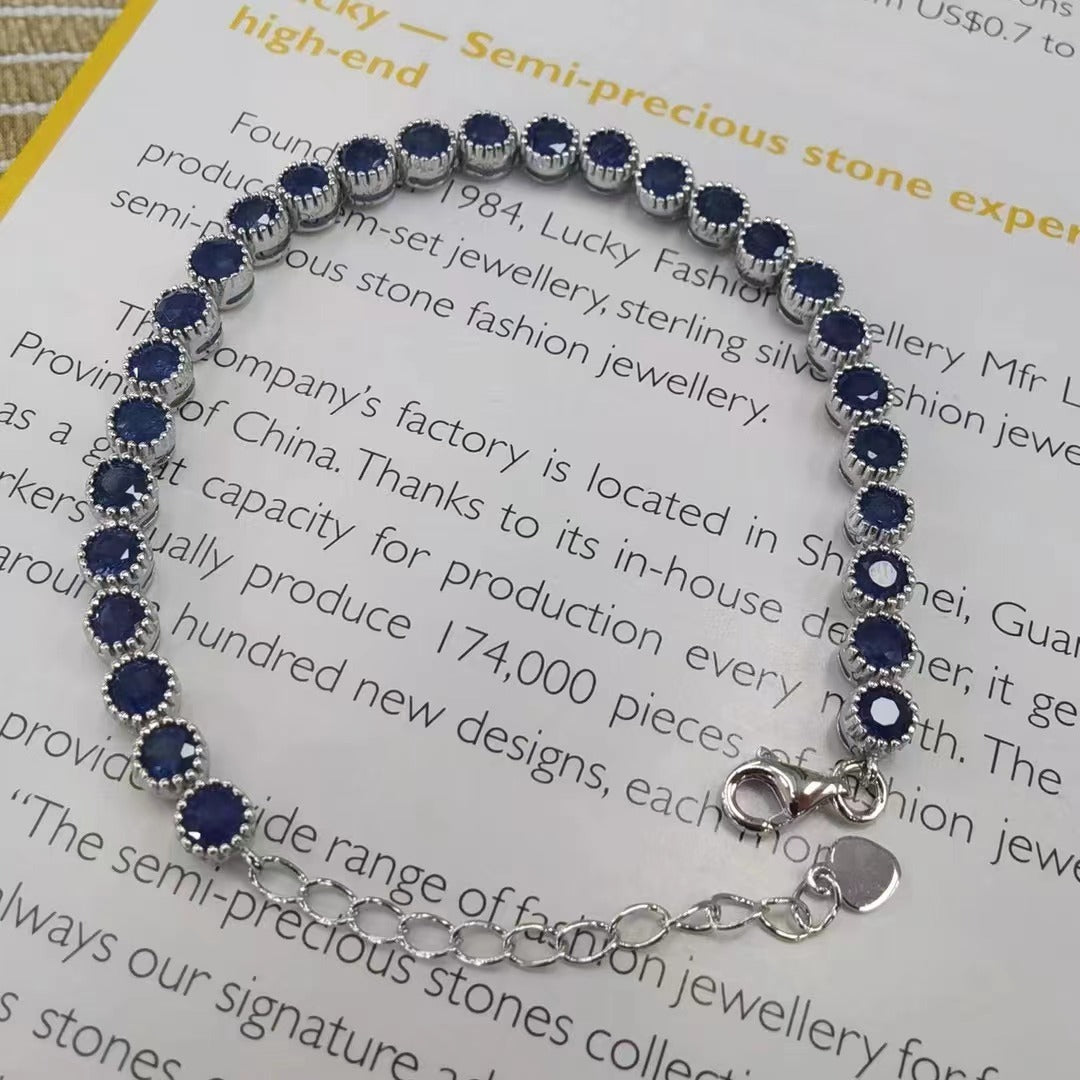 Noble Rhodium Plated 925 Sterling Silver Natural Sapphire Bracelet