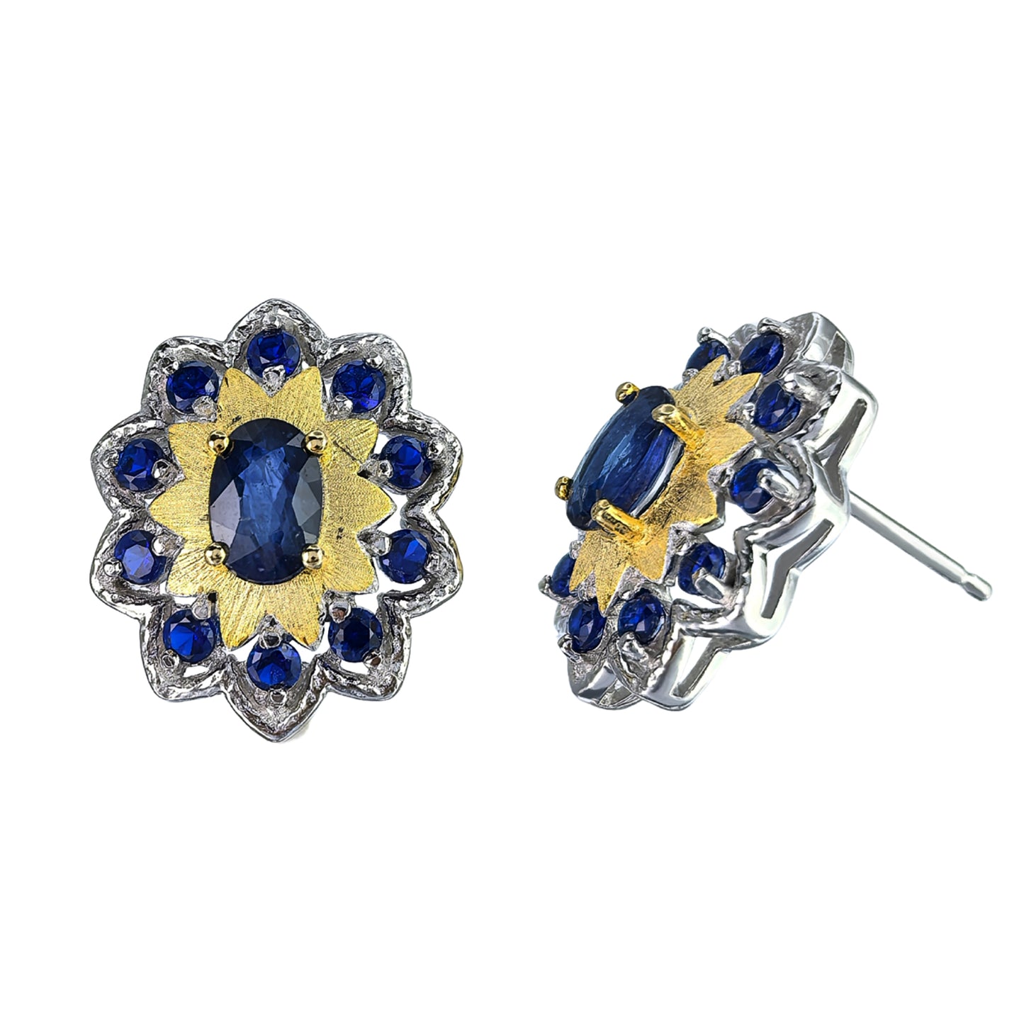 Delicate Rhodium Plated 925 Silver Jewelry Natural London Blue Topaz/Sapphire Flower Stud Earrings
