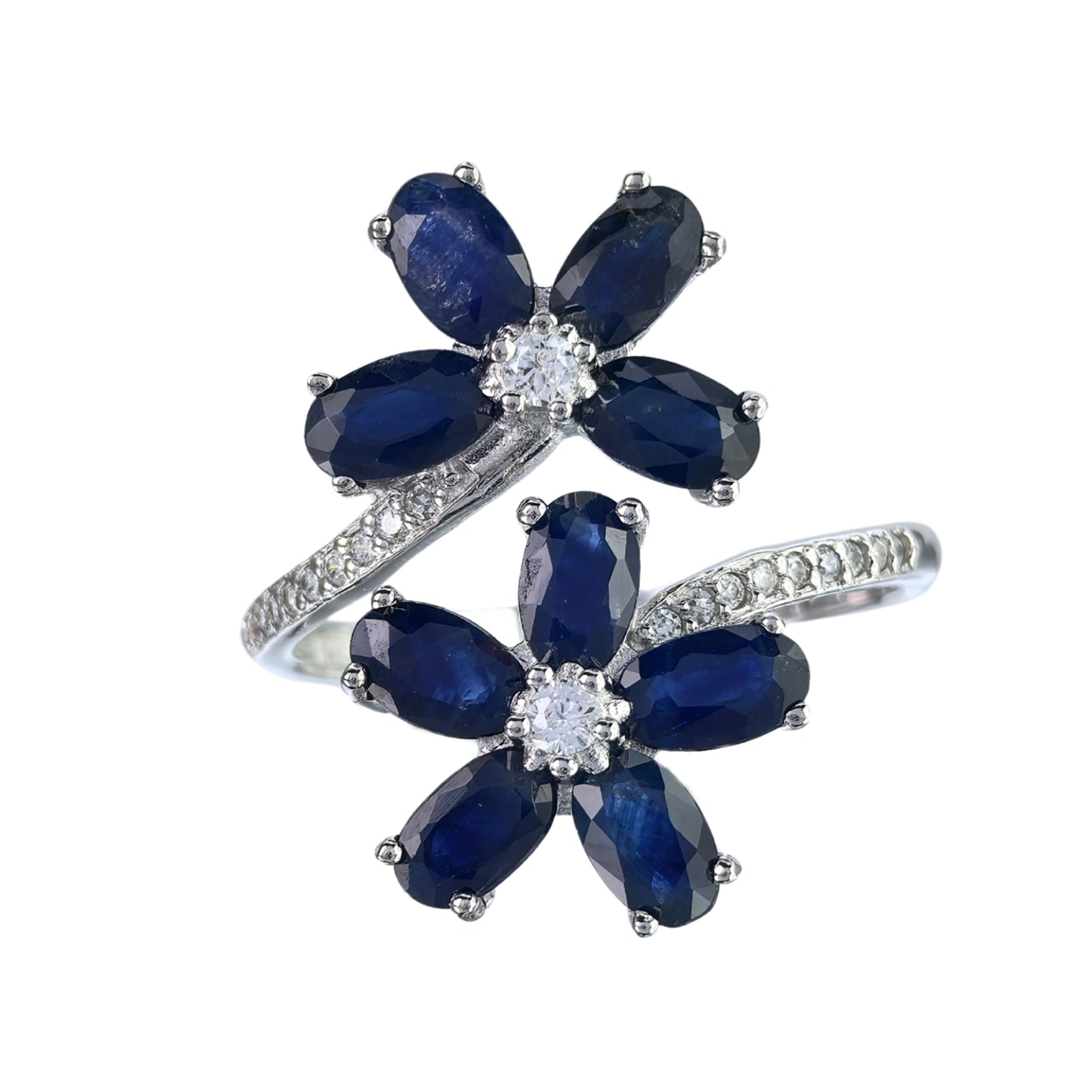 Elegant Rhodium Plated 925 Silver Jewelry Natural Sapphire Flower Ring