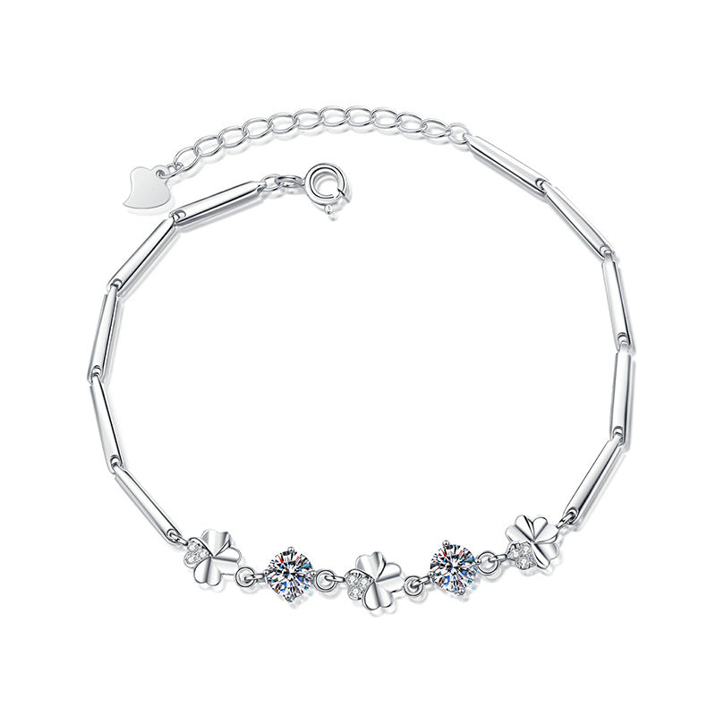 Fashion Sweet Micro-inlaid Lucky Four-leaf Clover Women's Round Cut Moissanite Bracelet New S925 Sterling Silver Jewelry 1ct