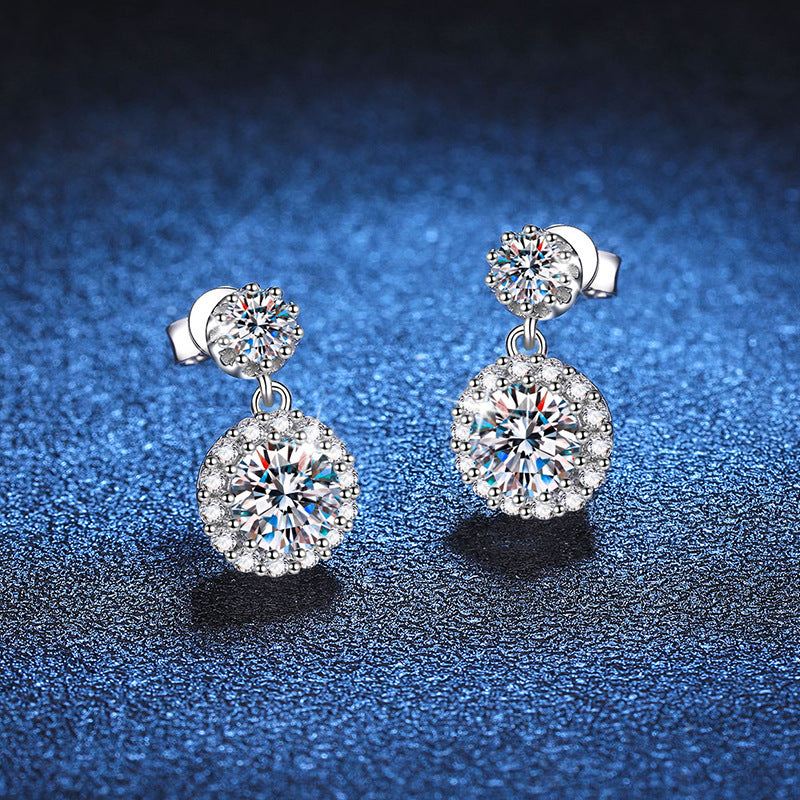 D Color Round Cut Moissanite S925 Sterling Silver Drop Earrings 1ct