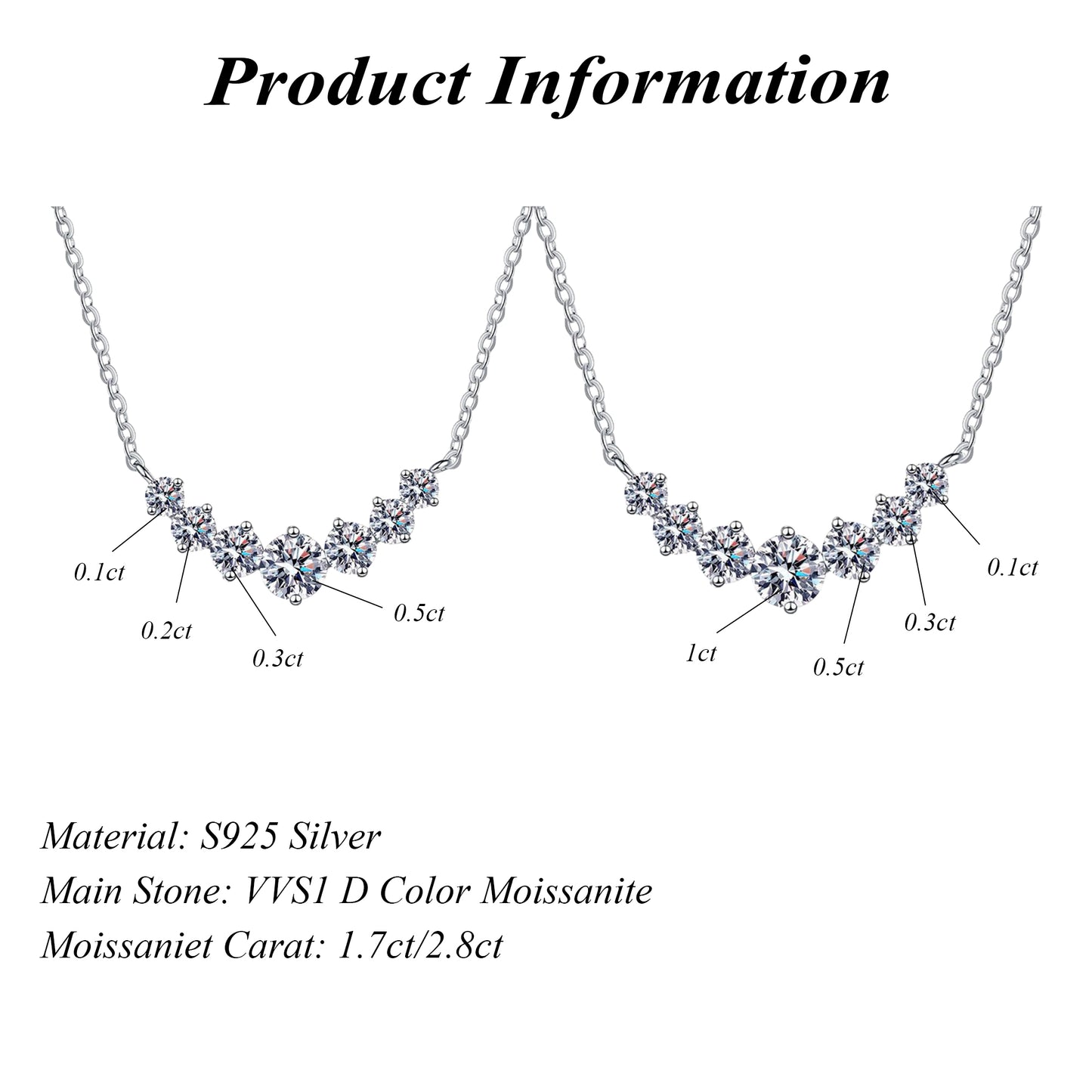 Rhodium Plated 925 Sterling Silver Round Brilliant Cut Moissanite Necklace