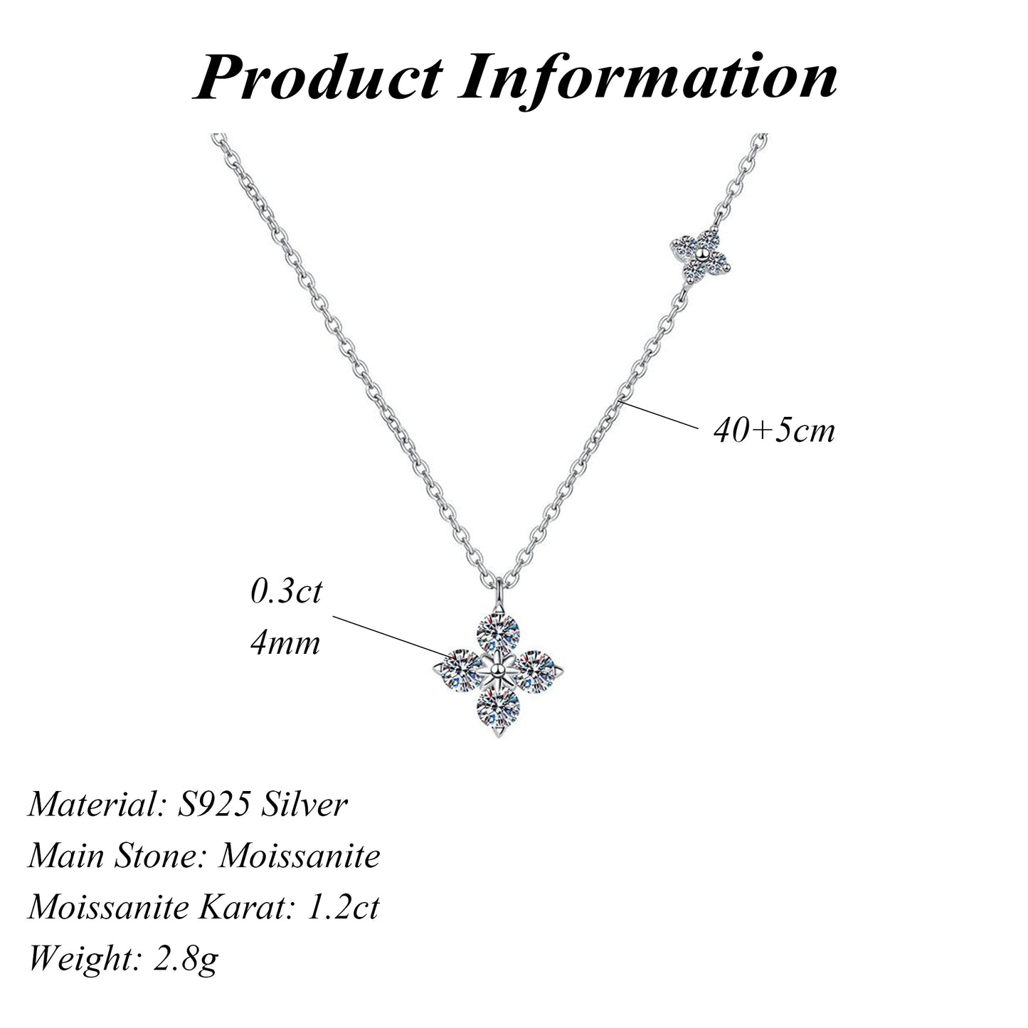 S925 Sterling Silver Premium Four Leaf Clover Necklace Classic Moissanite