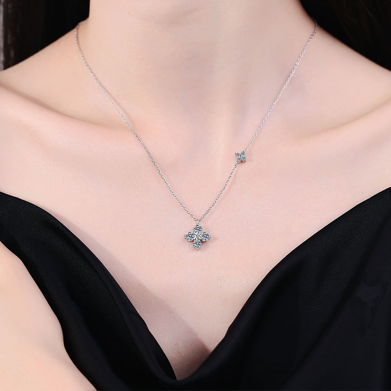 S925 Sterling Silver Premium Four Leaf Clover Necklace Classic Moissanite