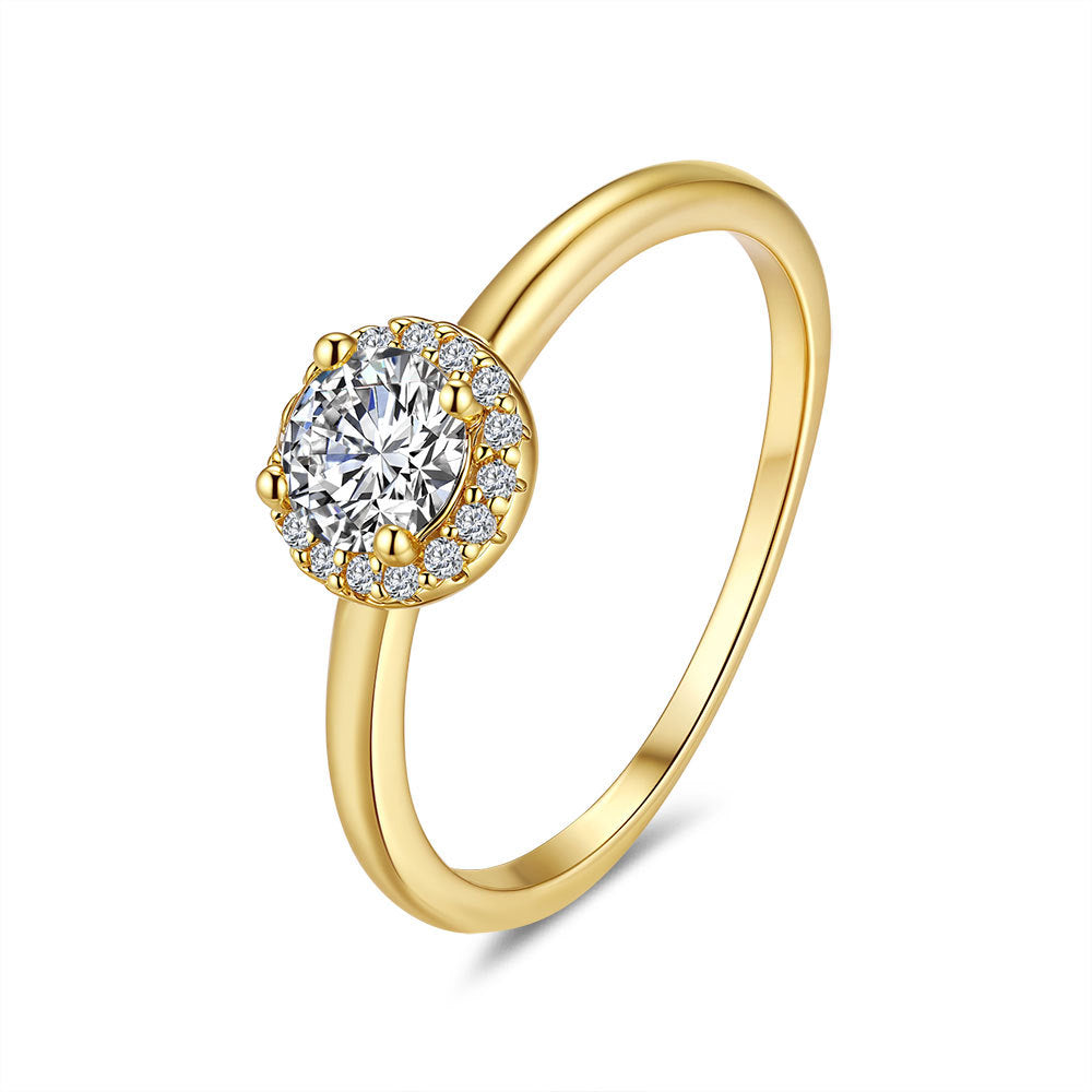 14K Gold Plated S925 Silver Moissanite Engagement Ring 0.5ct Round Cut Halo Setting