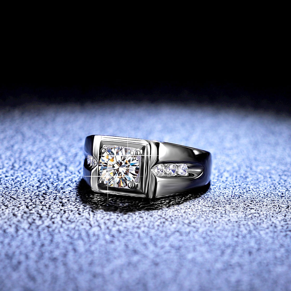 Vintage S925 Silver Men's Thumb Ring 1ct Round Cut Moissanite Ring Adjustable