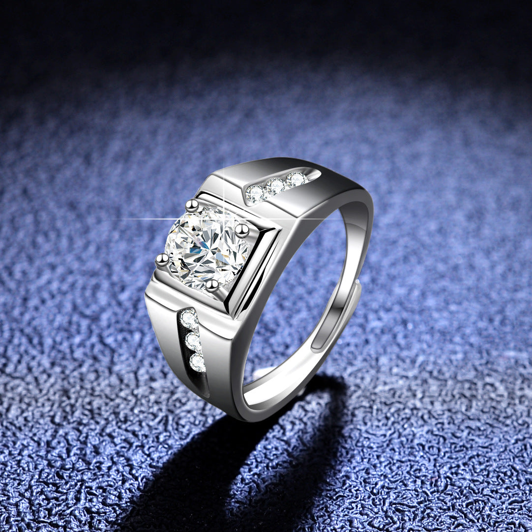 Vintage S925 Silver Men's Thumb Ring 1ct Round Cut Moissanite Ring Adjustable