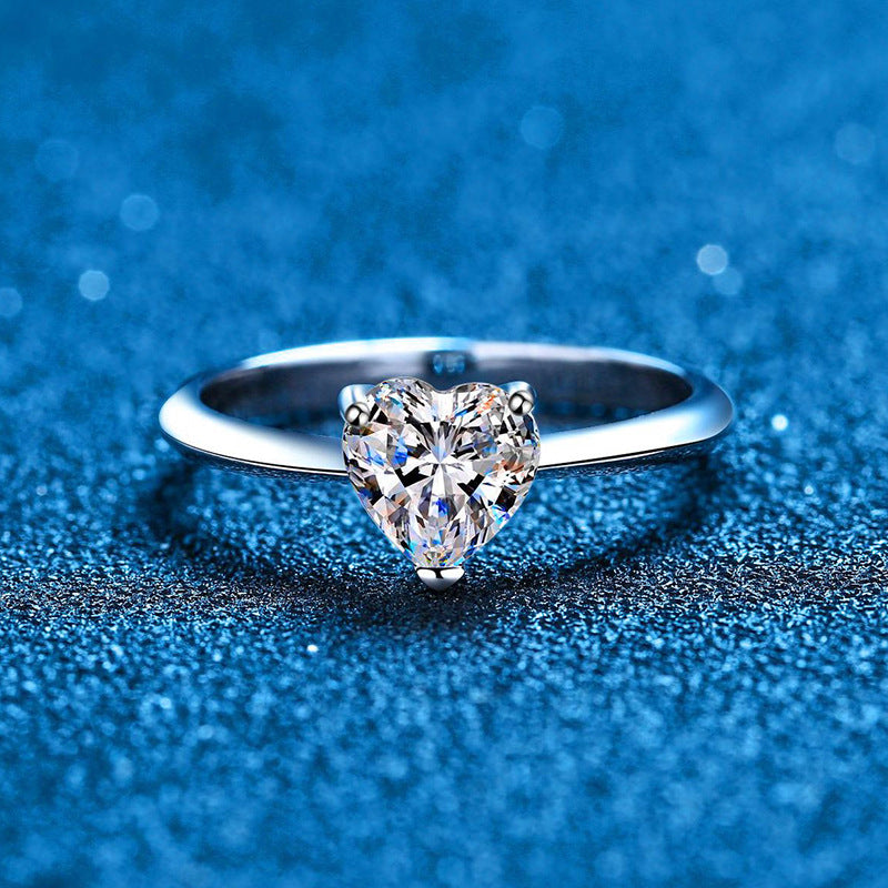 Moissanite 925 Sterling Silver 1-2 Carat Heart Love Ring with Rhodium Plating