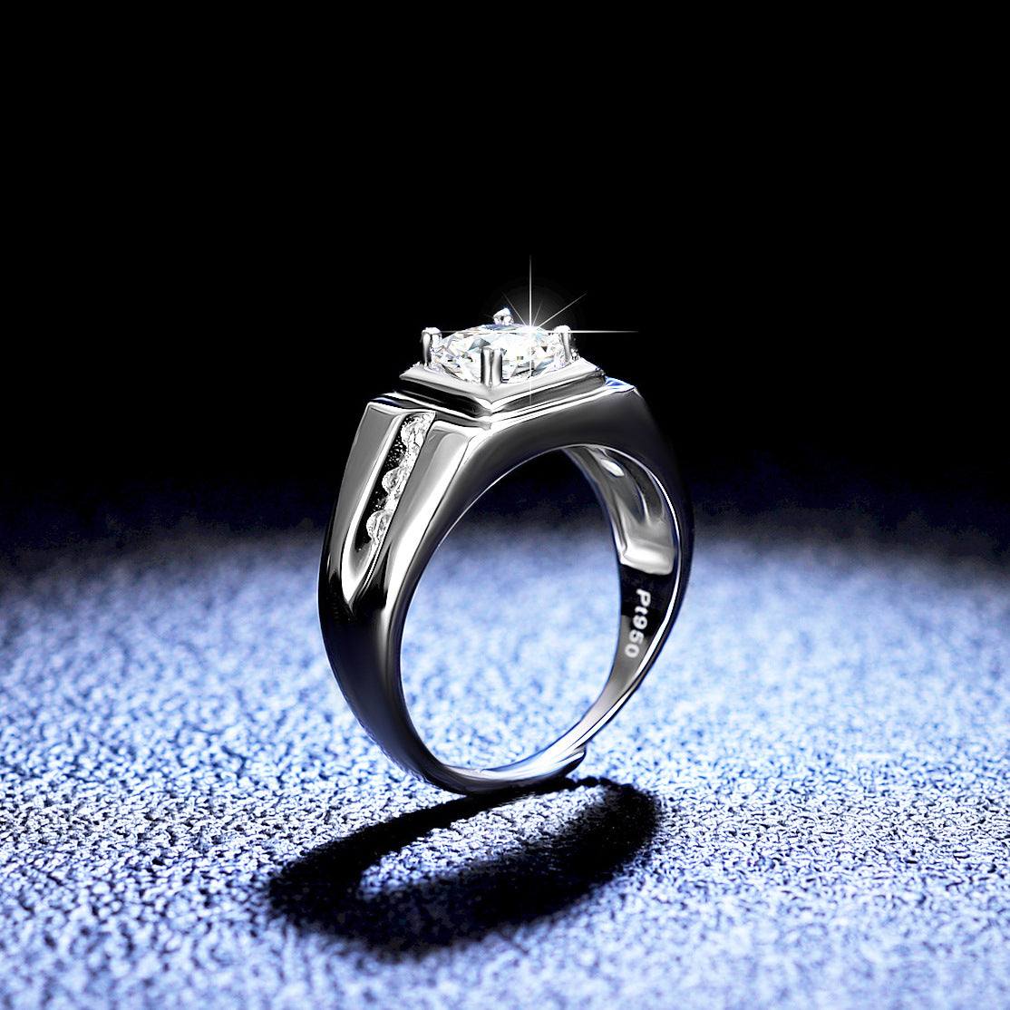 Vintage S925 Silver Men's Thumb Ring 1ct Round Cut Moissanite Ring Adjustable