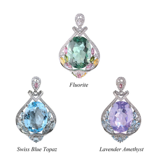 Rhodium Plated Silver 925 Natural Swiss Blue Topaz/Lavender/Fluorite Amethyst Pendant