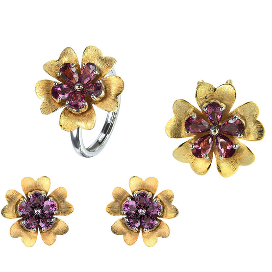 Elegant Dual Color Plated Silver 925 Jewelry Natural Pyrope Flower Jewelry Set