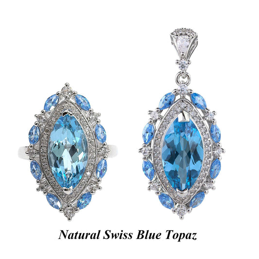 Natural Swiss Blue Topaz Jewelry Set Ring and Pendant