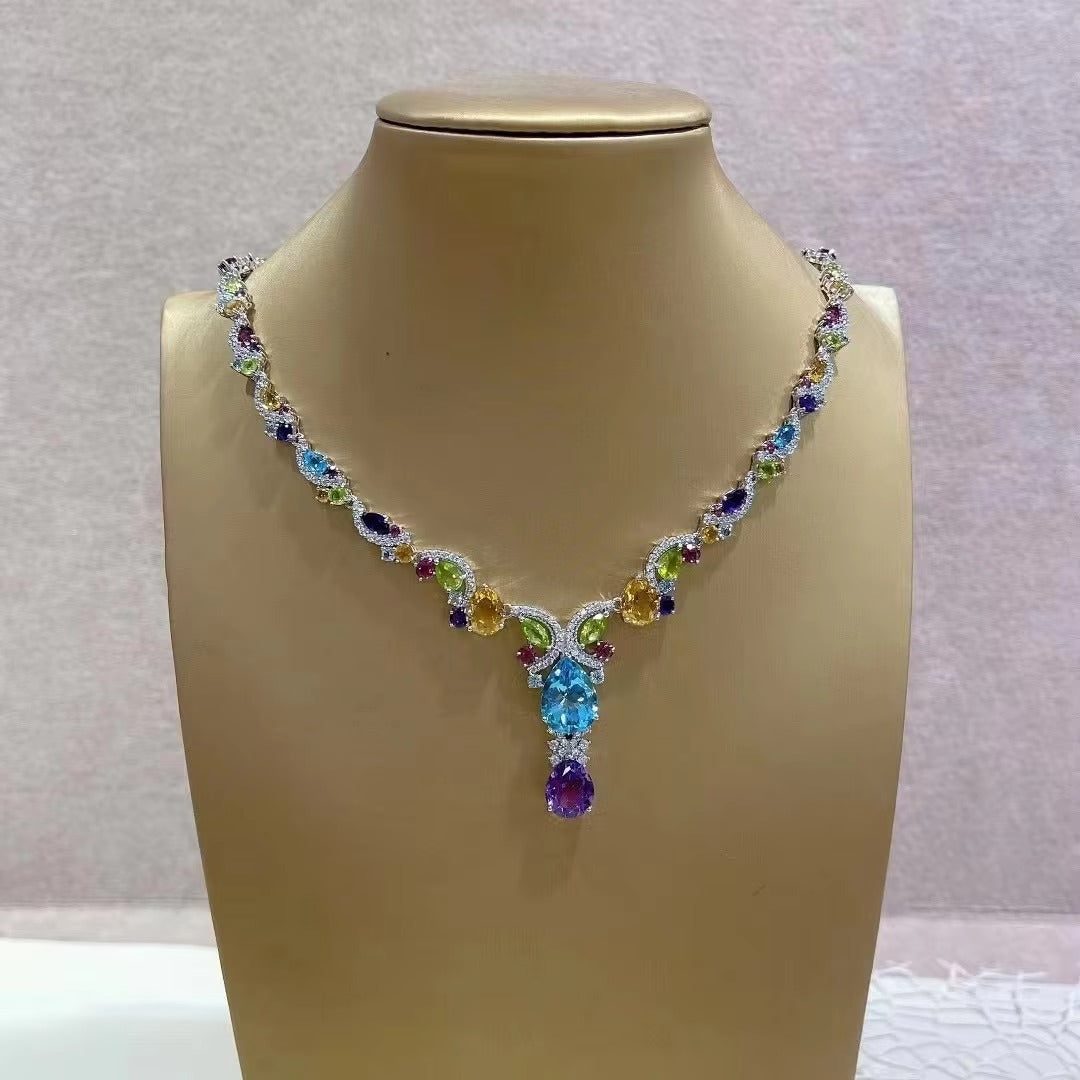 Luxurious Rhodium Plated Silver 925 Jewelry Multiple Natural Gemstone Necklace