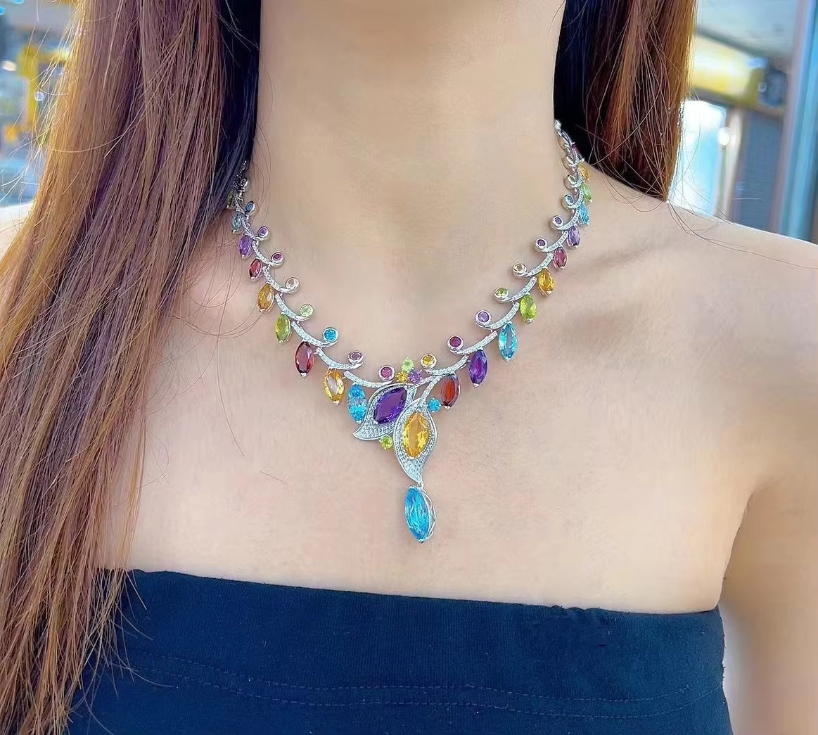 Luxurious Rhodium Plated Silver 925 Multiple Natural Gemstone Leaf Necklace