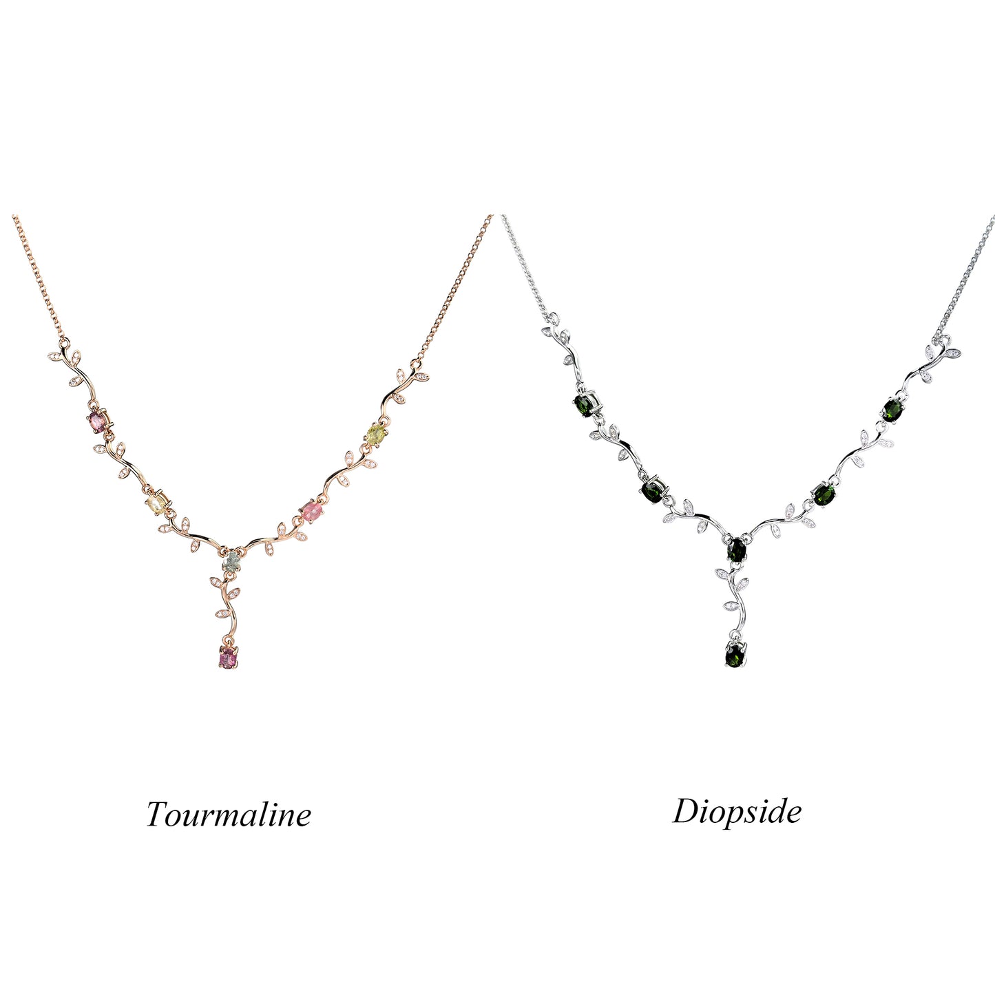 Rhodium/Rose Gold Plated Silver 925 Jewelry Natural Diopside/Tourmaline Flower Necklace
