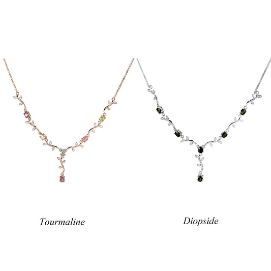 Rhodium/Rose Gold Plated Silver 925 Jewelry Natural Diopside/Tourmaline Flower Necklace