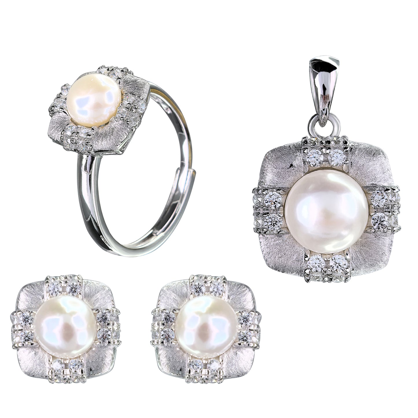 925 Sterling Silver Freshwater Pearl Jewelry Set Sparkling Rhodium Plated