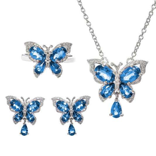 925 Silver Jewelry Rhodium Plated Natural London Blue Topaz Jewelry Set