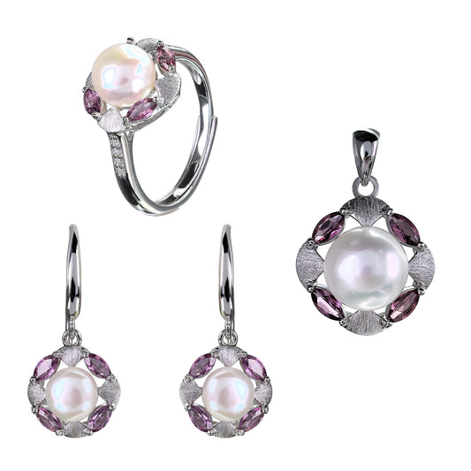 Elegant Rhodium Plated 925 Sterling Silver Freshwater Pearl Four Leaf Clover Jewelry Set