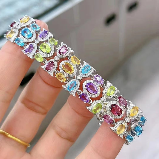 Women's Delicate Rhodium Plated Silver 925 Bracelet with Multiple Natural Gemstones Fine Jewelry for Parties and Gifts