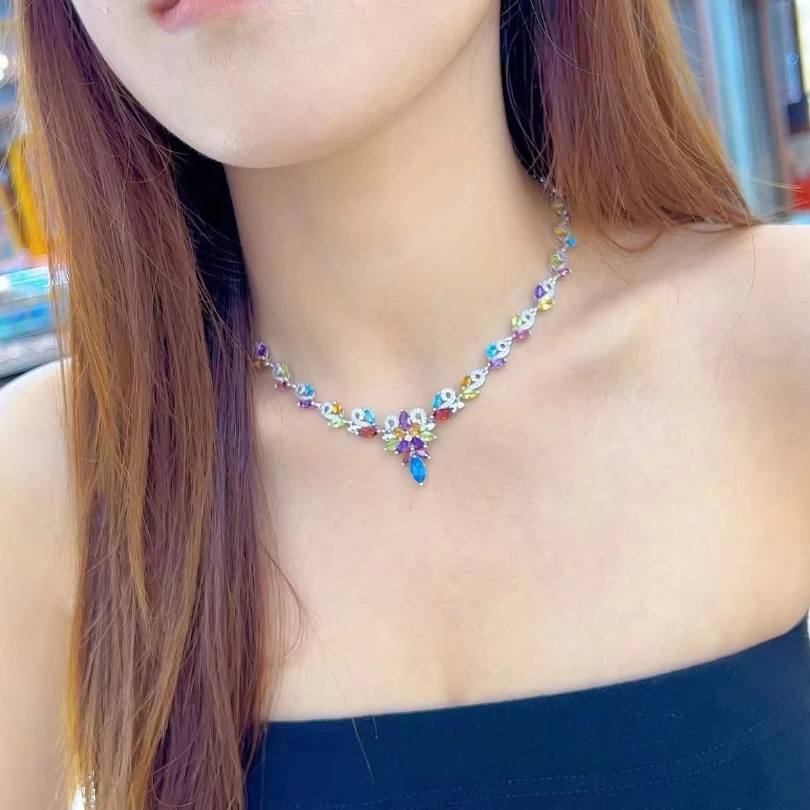 Luxurious Rhodium Plated Silver 925 Jewelry Multiple Natural Gemstone Necklace