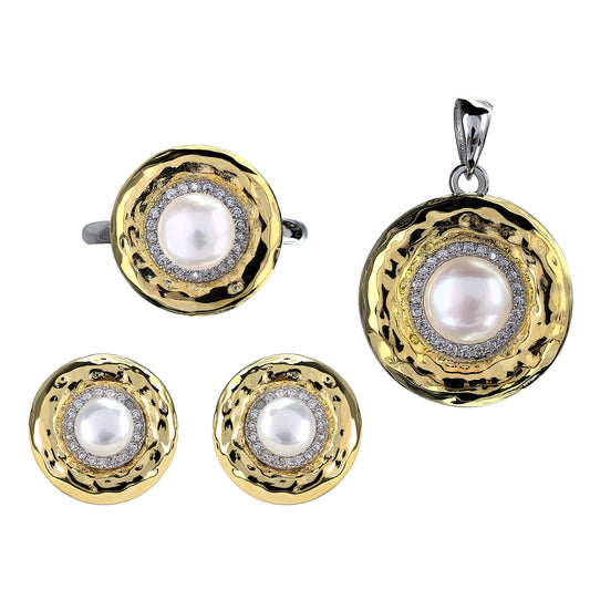 Sparkling Rhodium and Gold Plated 925 Sterling Silver Freshwater Pearl Jewelry Set