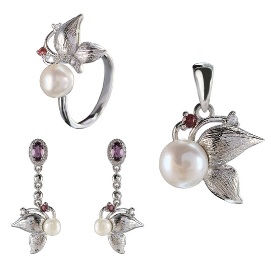 Lustrous 925 Sterling Silver Jewelry Sets Rhodium Plated Freshwater Pearl