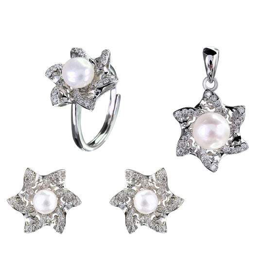 925 Sterling Silver Freshwater Pearl Hexagram Jewelry Set Rhodium Plated